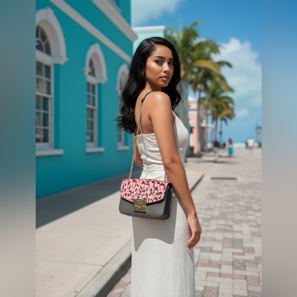 Handbags - Furla pony hair Pink Leopard and Gray Crossbody Bag with lock and key.